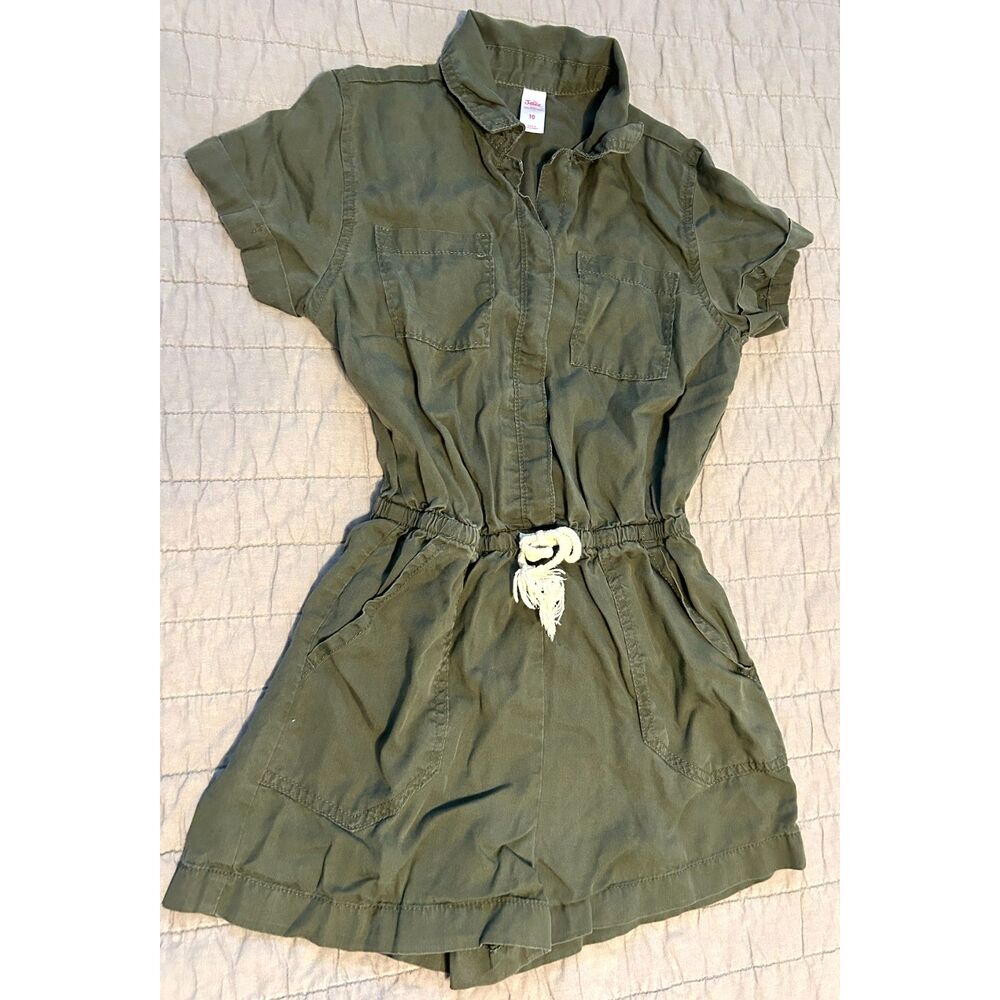JUSTICE Girl's Romper Olive Green Collar Button Up Shorts Size 10